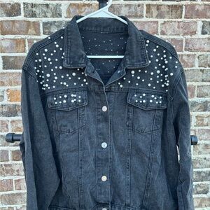 Pearl Embellished Black/Grey Denim Jacket fits like a 2-3X